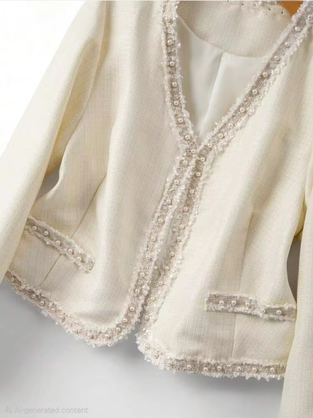 Elegant Cream Tweed Jacket with Pearl Trim